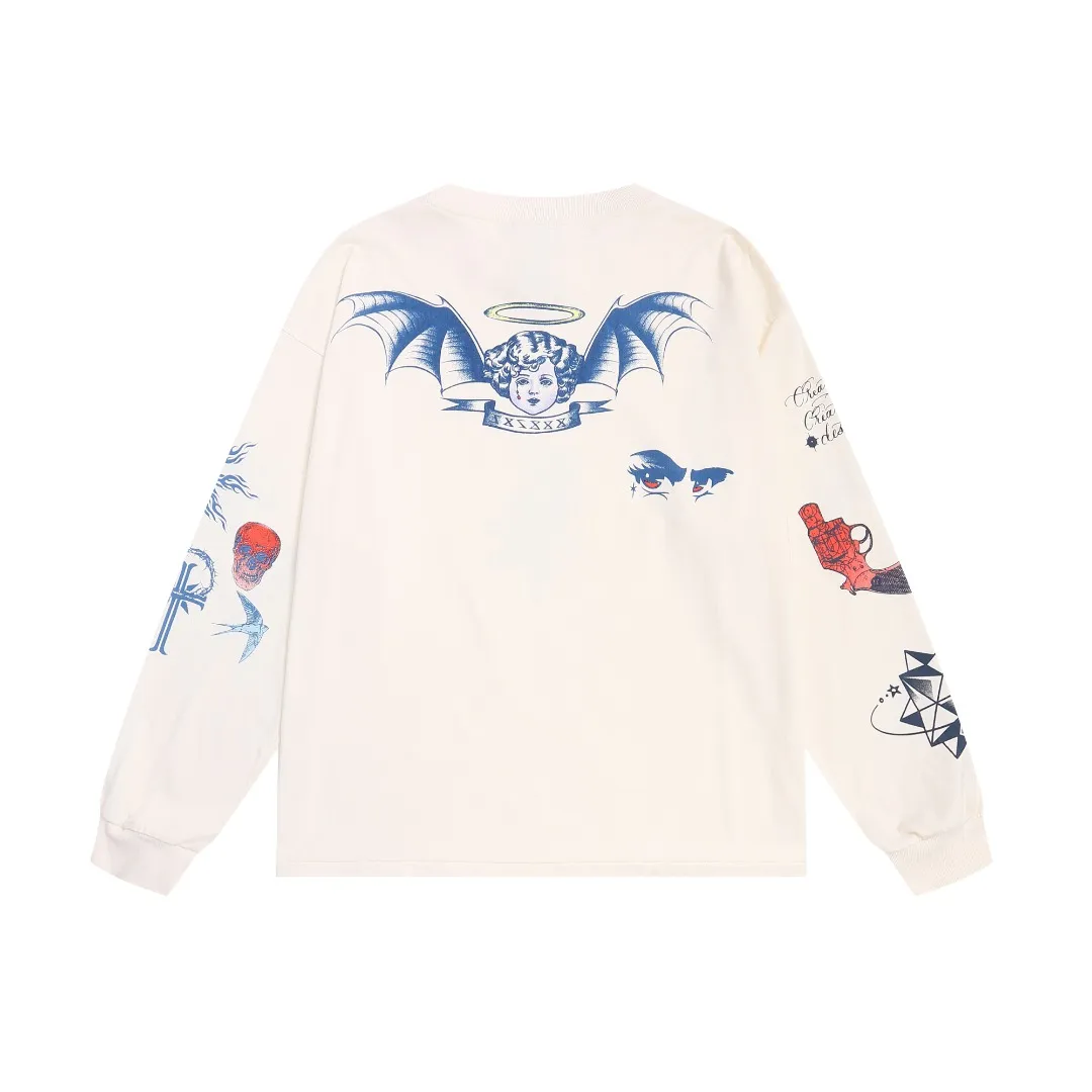 Saint Michael American skull spider print VTG high street distressed loose long-sleeved bottoming T-shirt for men and women Fabric: 260g Style number: SM651 Size: S-M-L-XL Color: White Price: P144